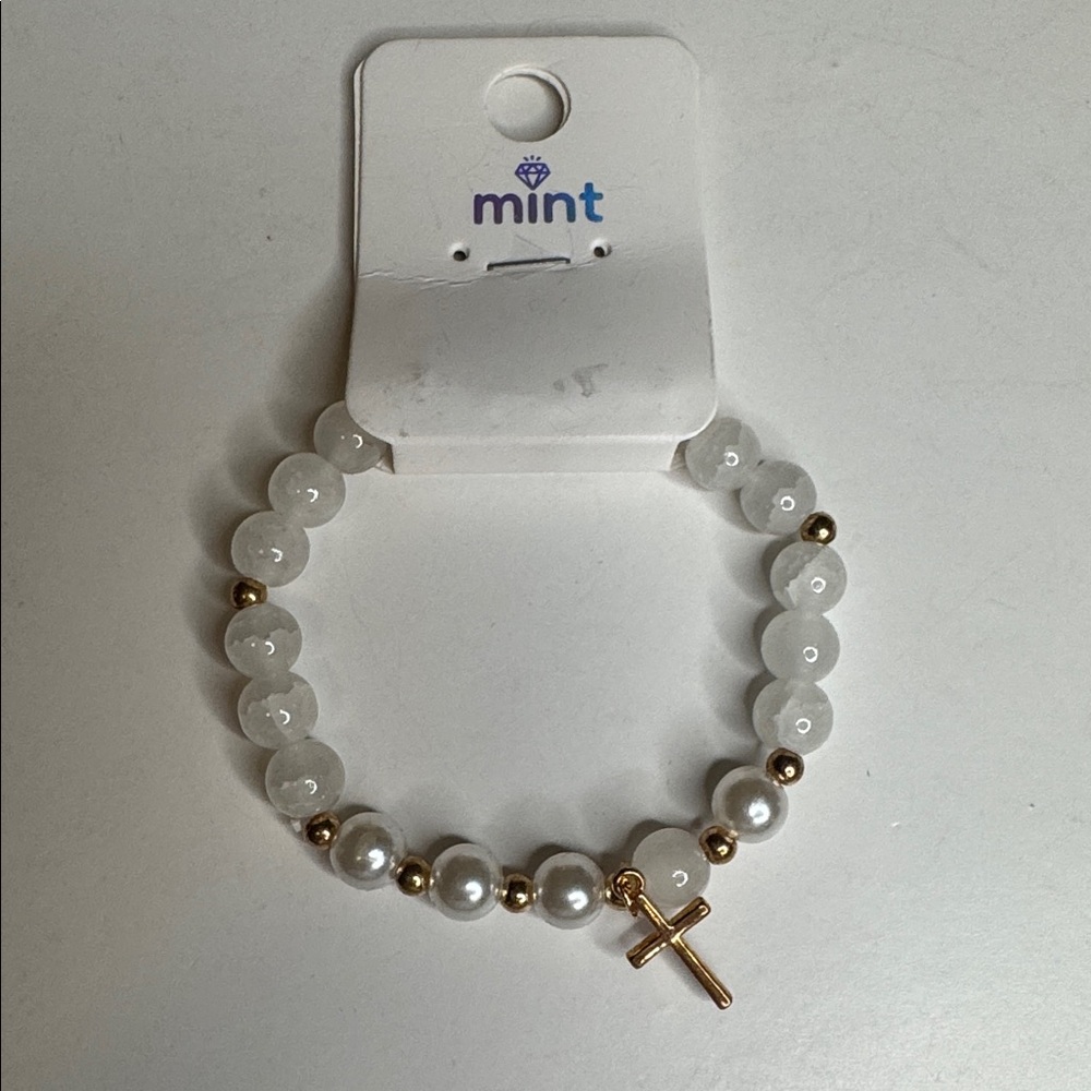 Mint Gold and White Beaded Bracelet with Cross Charm